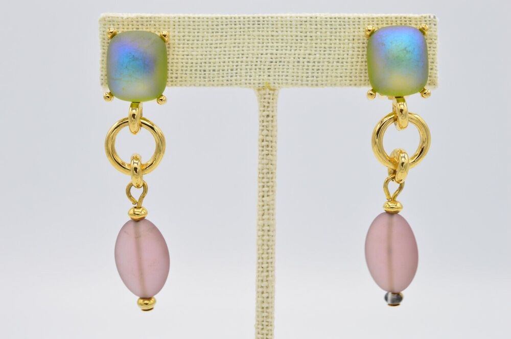 Givenchy Vintage Cabochon Clip On Earrings Pastel Frosted Pink Blue Signed BinZ